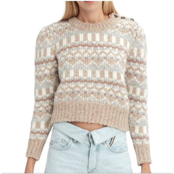 LoveShackFancy Fair Isle Alpaca Wool Blend Cropped Sweater - Tan & Gray, Size L - Picture 1 of 10